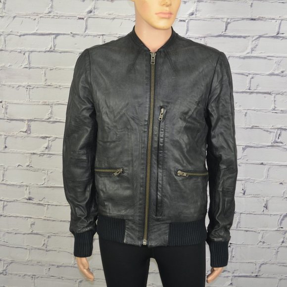 Mens All Saints Leather Bomber Jacket Motorcycle cafe racer Jacket size 43